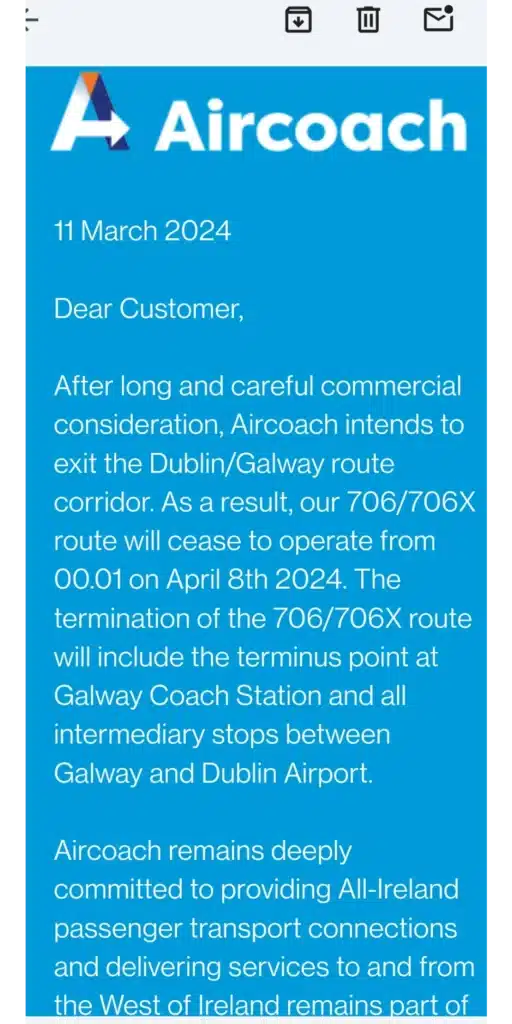 Aircoach on Dublin to Galway Route Operation Closure